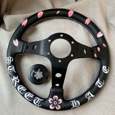 Tiypeor Custom Cherry Blossom Ghost Head Microfiber Leather 350mm Steering Wheel for Universal Cars